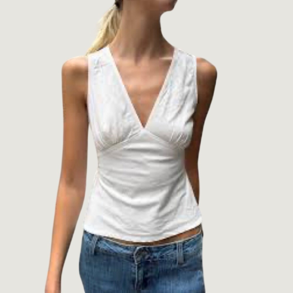 2275 | Brandy Melville Rafaela Coquette V-Neck Back Tie Cotton Tank Top White OS